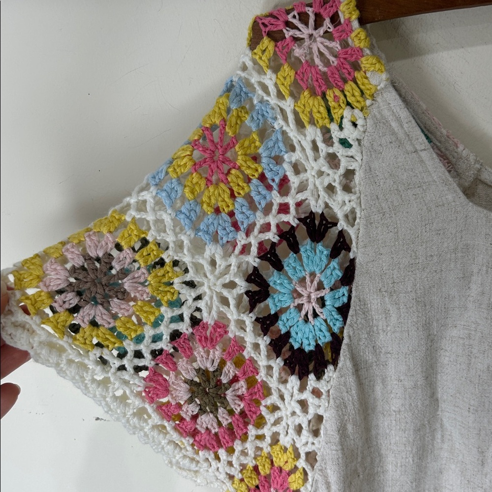 UMGEE Frayed Hem Linen Blend Colorful Crochet Sleeve Boho Tunic Top Size Small - Picture 7 of 14